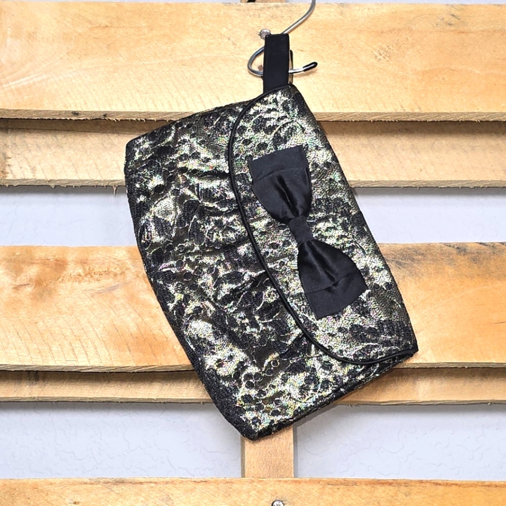 Vintage Lace Elegant Black and Gold Clutch with Bow
